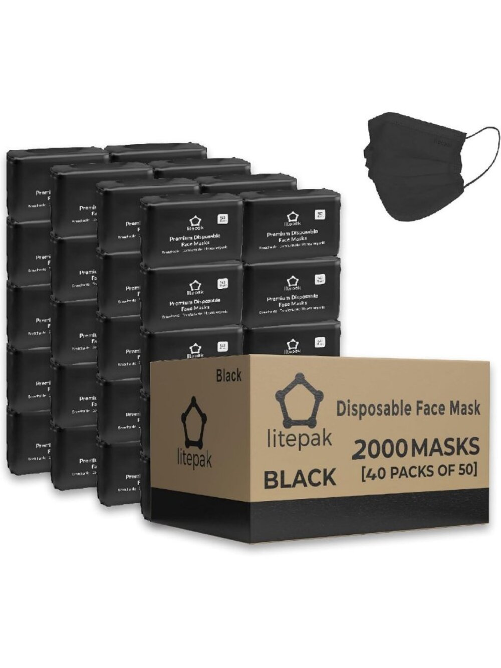 2000 Disposable Face Masks - 3-Ply Breathable Adult Masks - Black, 40 Packs of